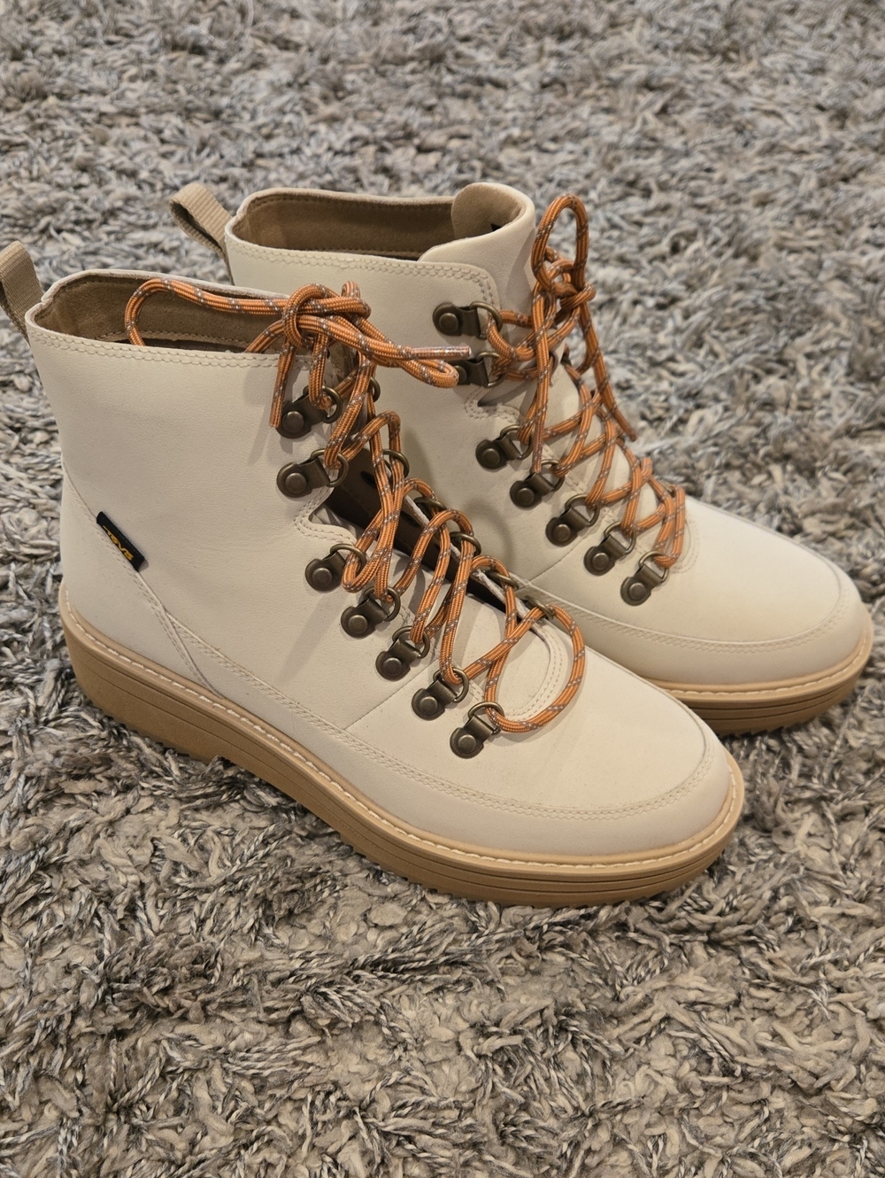 Teva Cream Lace-Up Boots with Tan Sole and Orange Laces